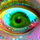 Detailed Close-Up: Human Eye with Green Iris and Rainbow Droplets