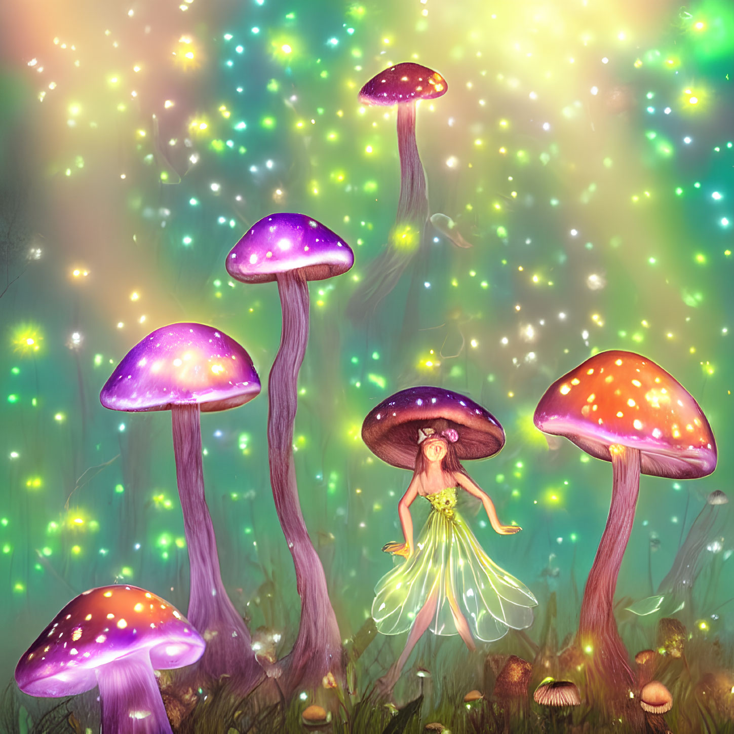 Glowing fairy under large mushroom in magical scene