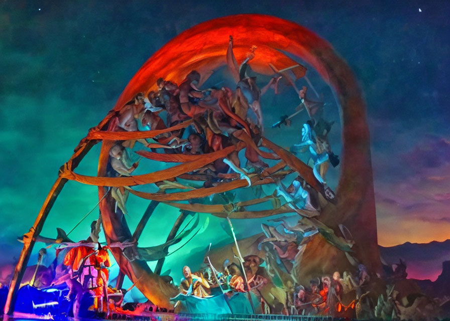 Acrobatic Show with Large Circular Structure and Dynamic Lighting