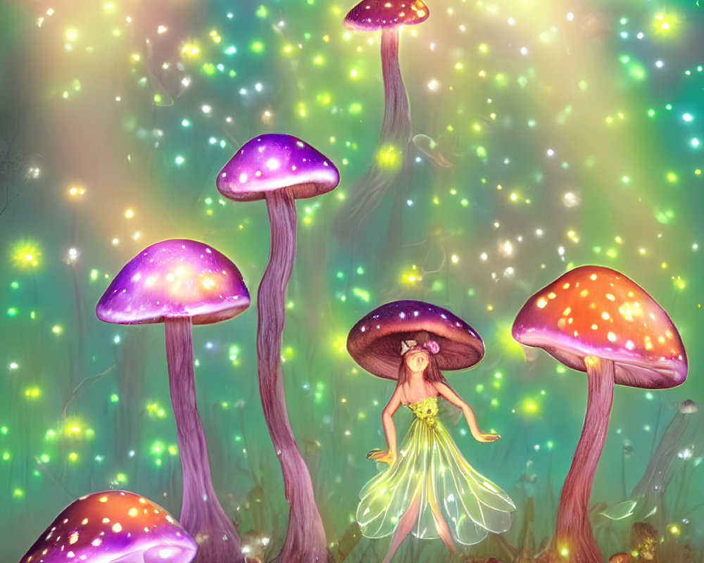 Glowing fairy under large mushroom in magical scene