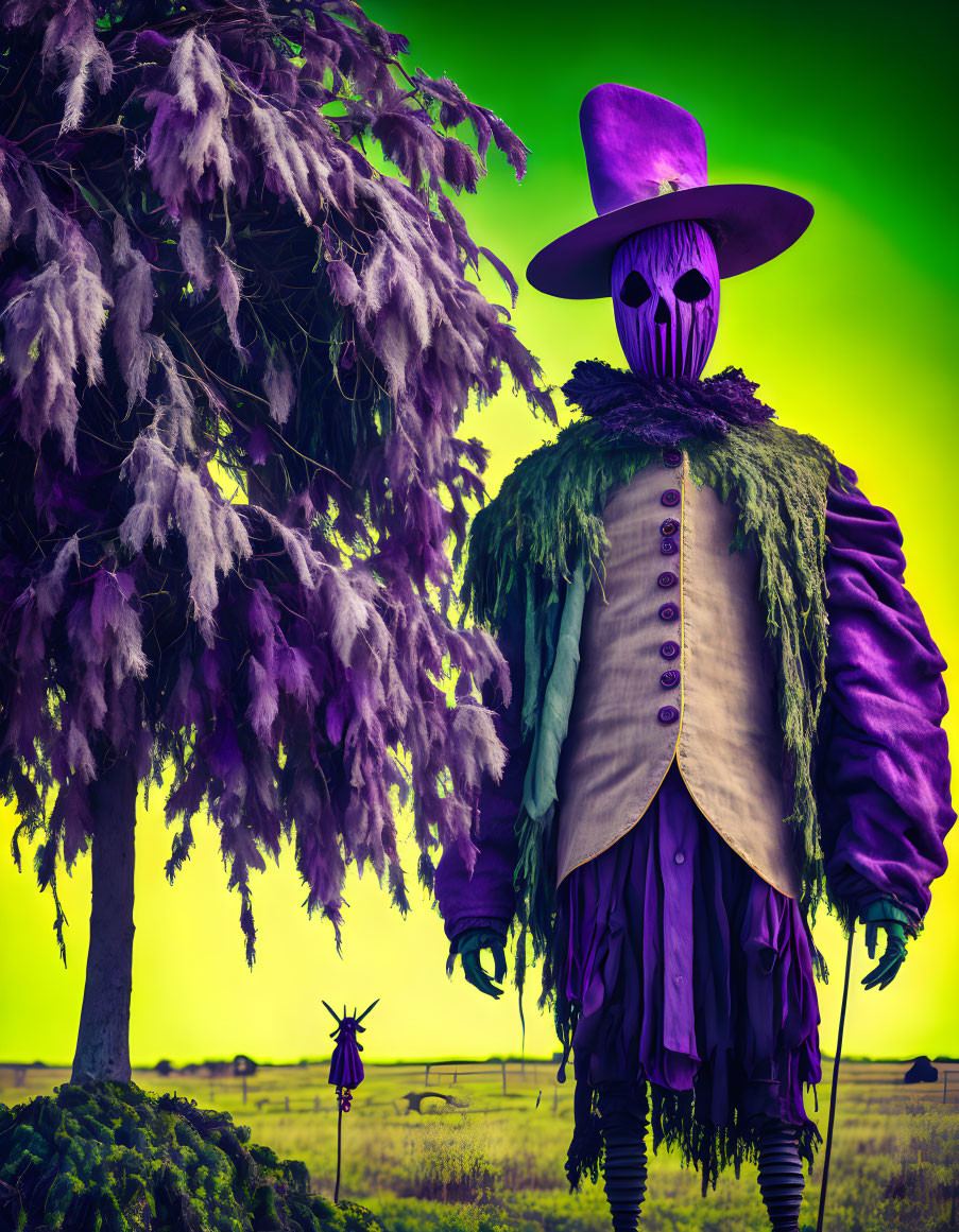 Colorful Scarecrow Illustration in Fantasy Landscape