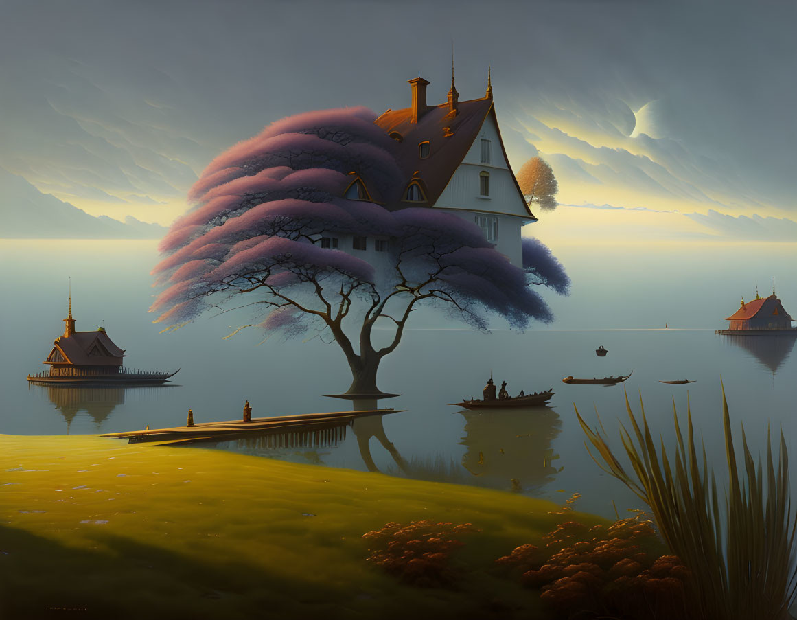 Surreal landscape with Victorian house on tree, Eastern buildings, boats, purple foliage, twilight sky