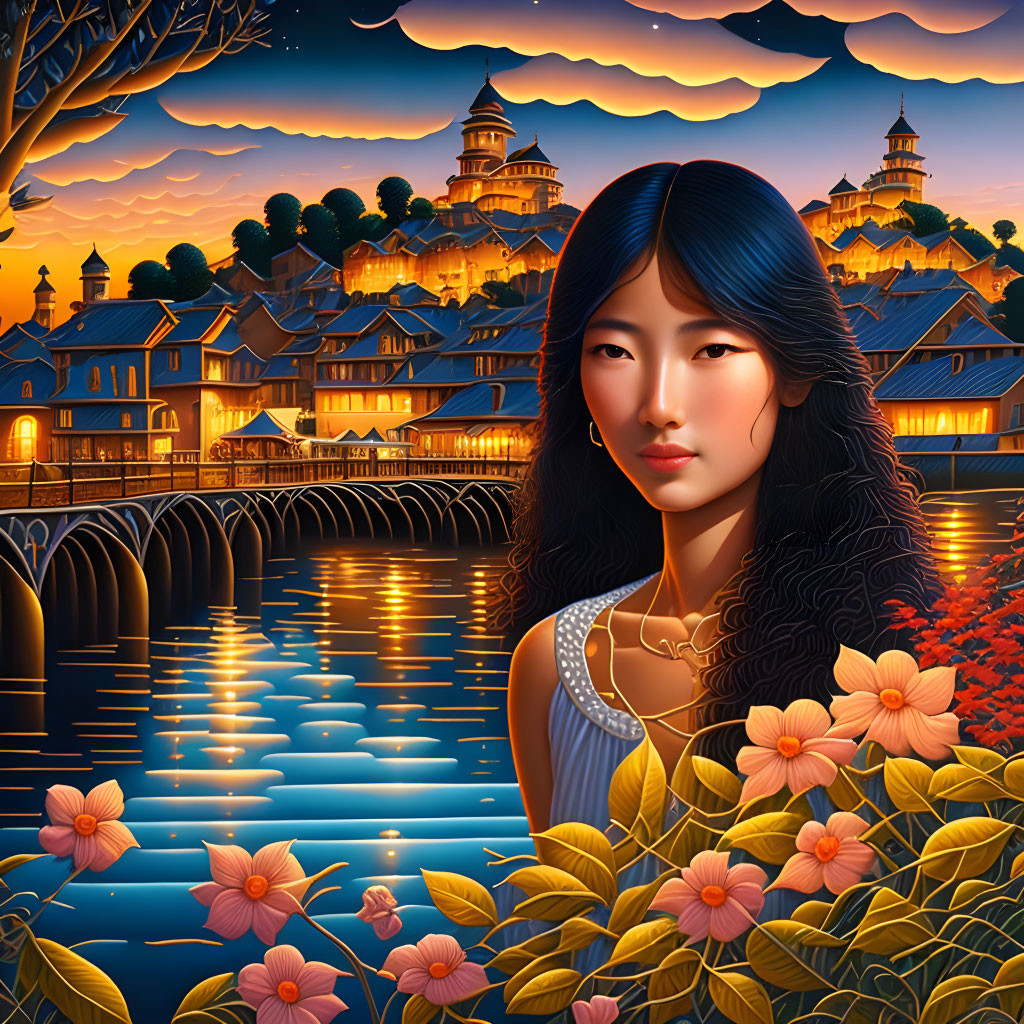 Woman with flowing hair by serene river at dusk with vibrant flowers and ornate buildings.