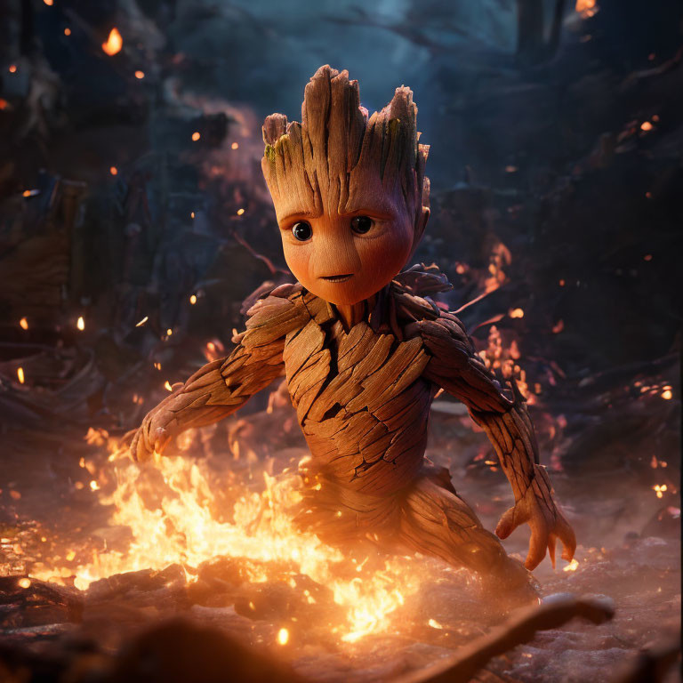 Baby Groot among fiery debris with curious expression