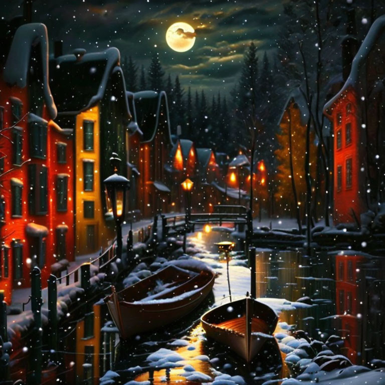 Snow-covered boats on canal in scenic winter night