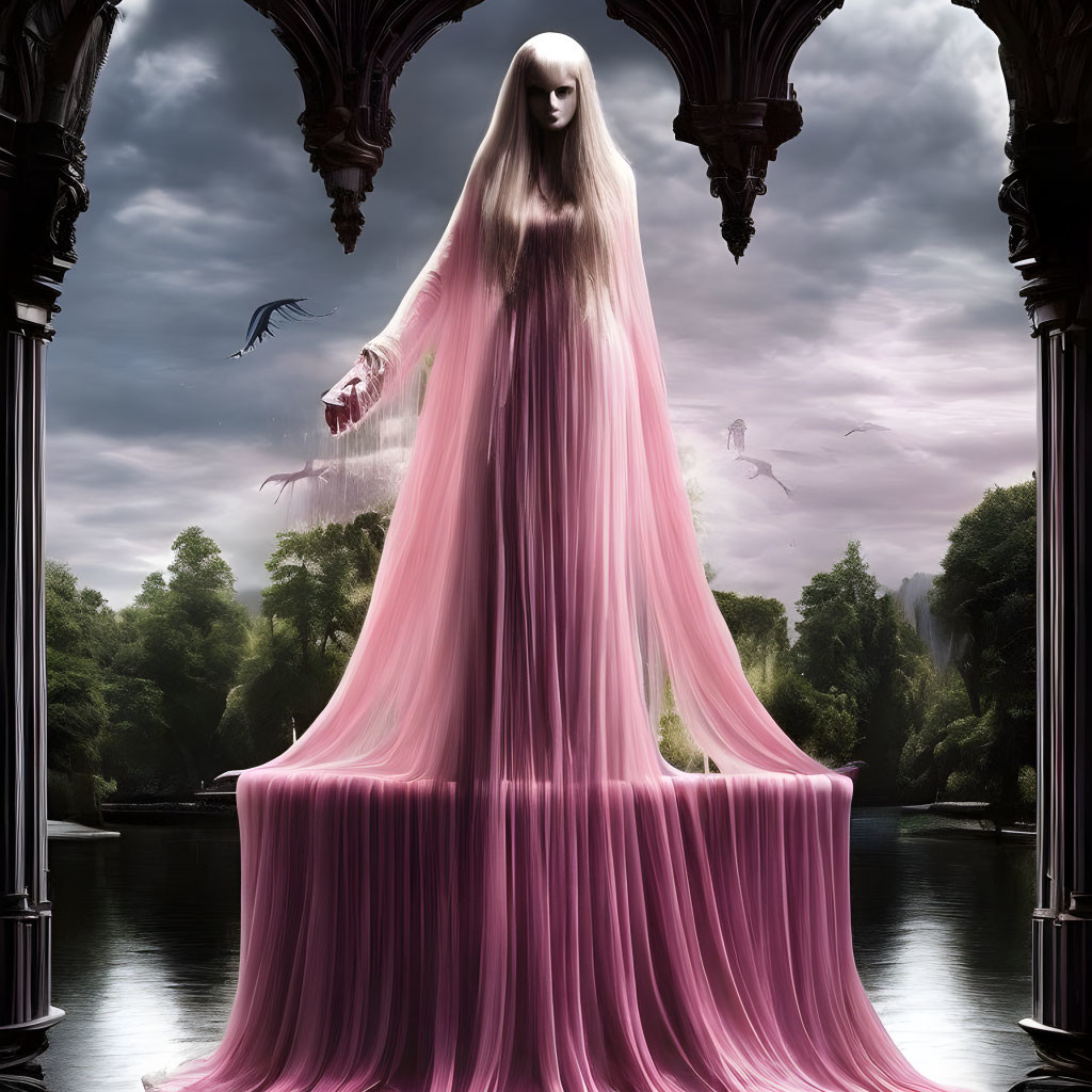 Figure with Long Pink Hair in Gothic Arch Setting near Serene Lake