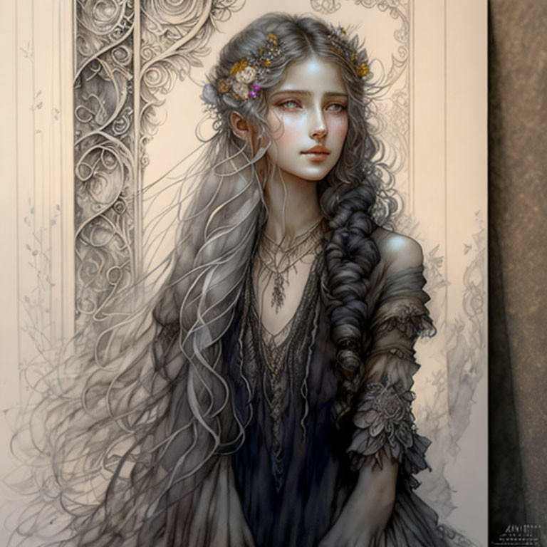 Illustrated fantasy woman with intricate braided hair and dark dress