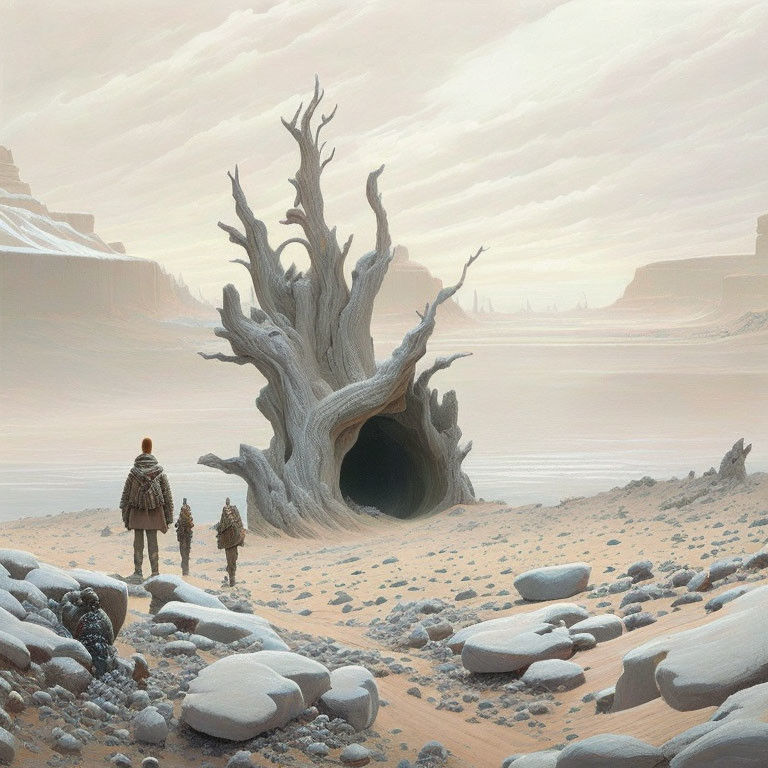 Explorers discover hollow tree in foggy desert landscape