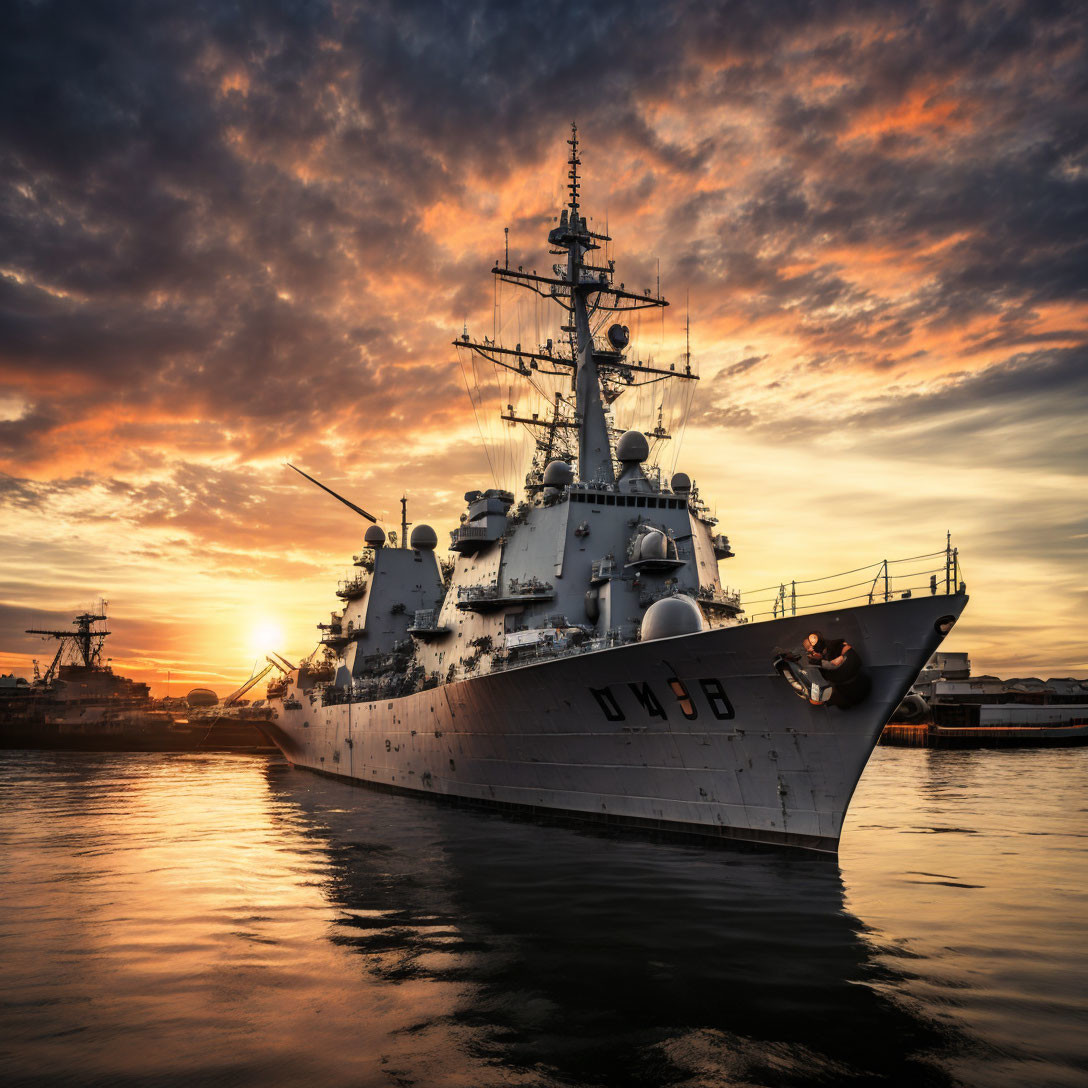 Naval warship at harbor under dramatic sunset.