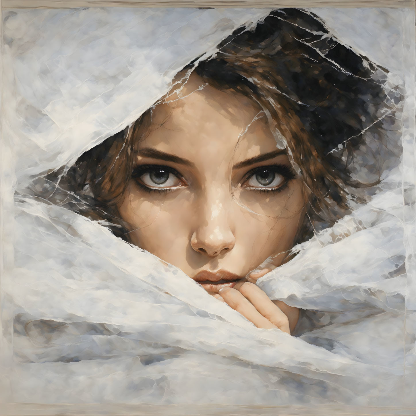 Portrait of woman in white garment contemplating with piercing eyes