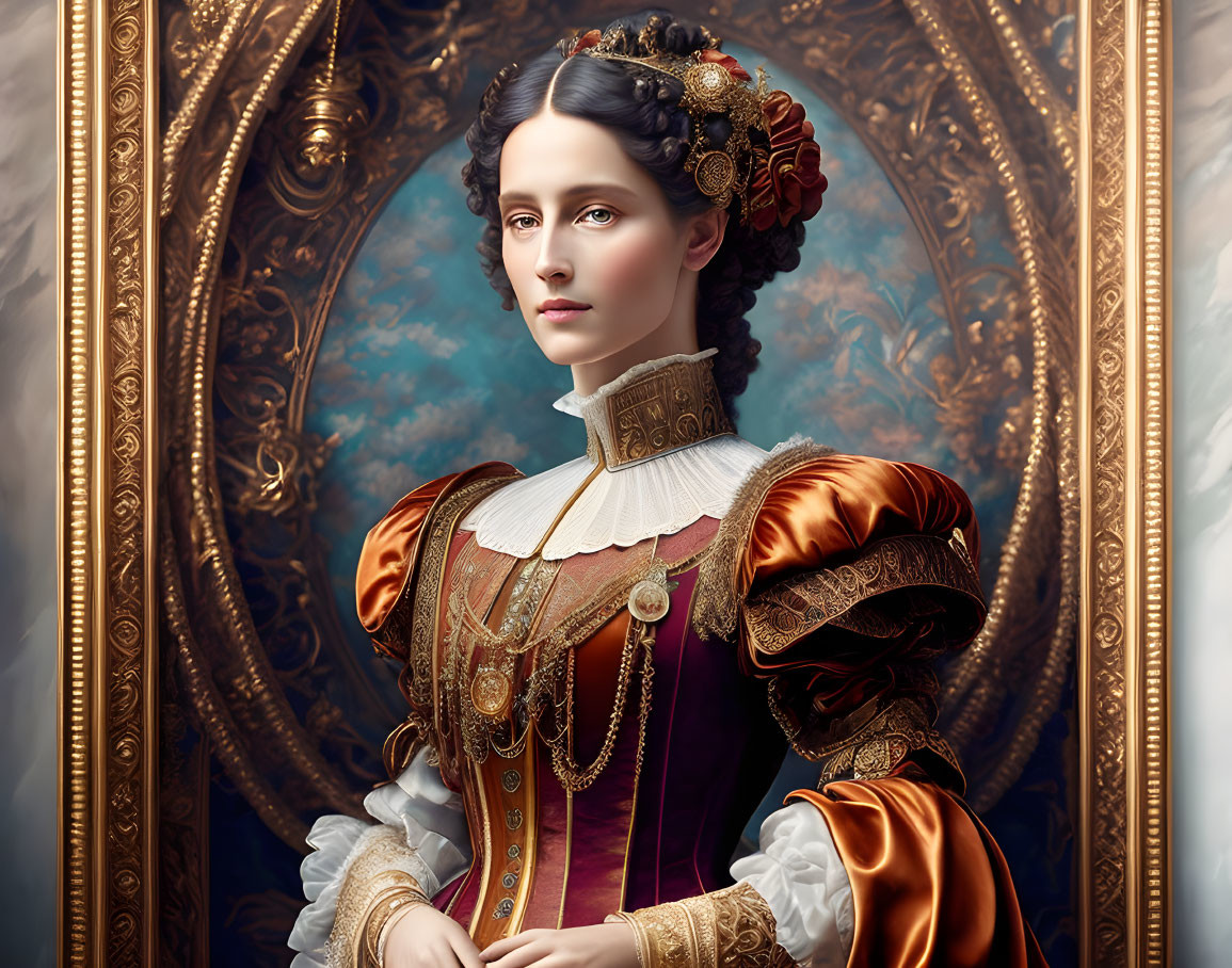 Victorian-era woman in elegant dress with gold jewelry framed in ornate frame