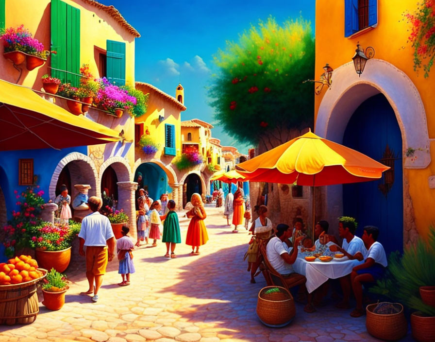 Colorful street scene in picturesque village with locals and diners.