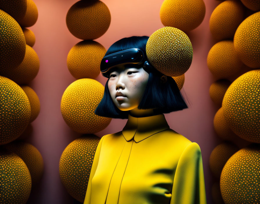 Woman in yellow futuristic outfit with headband and orange spherical backdrop