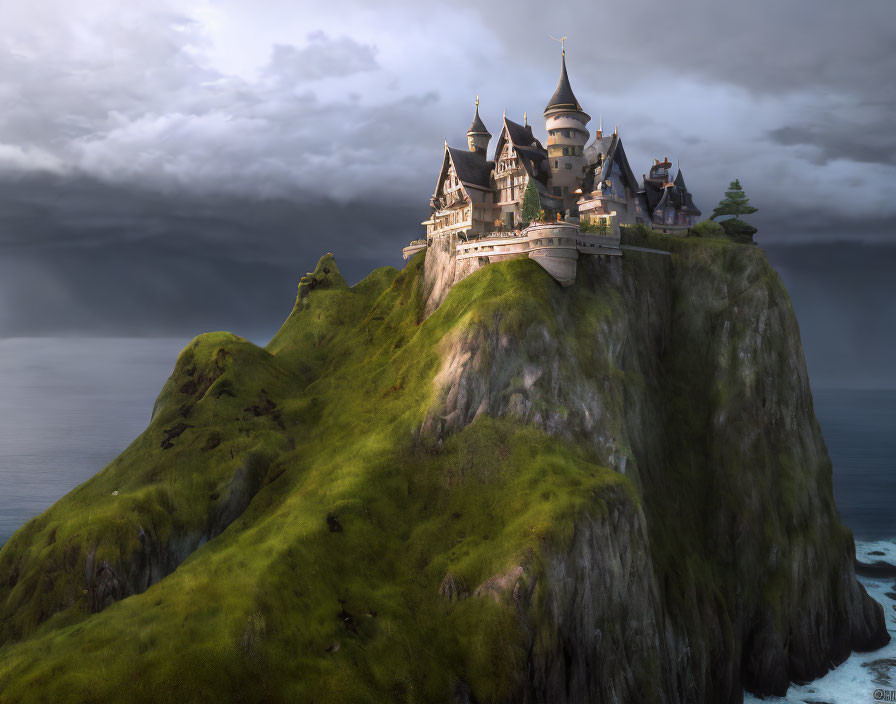 Majestic castle on grassy cliff under dramatic sky