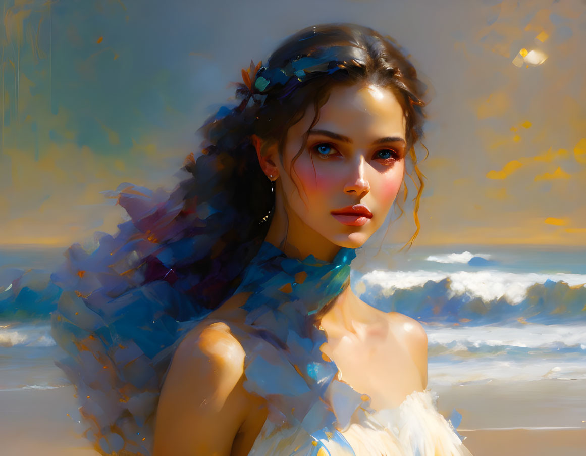 Woman with Colorful Translucent Shawl on Serene Beach