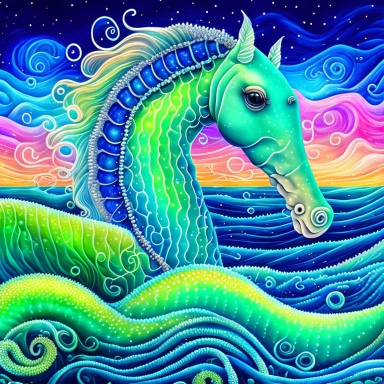 Colorful whimsical seahorse with unicorn horn in ocean waves under starry sky