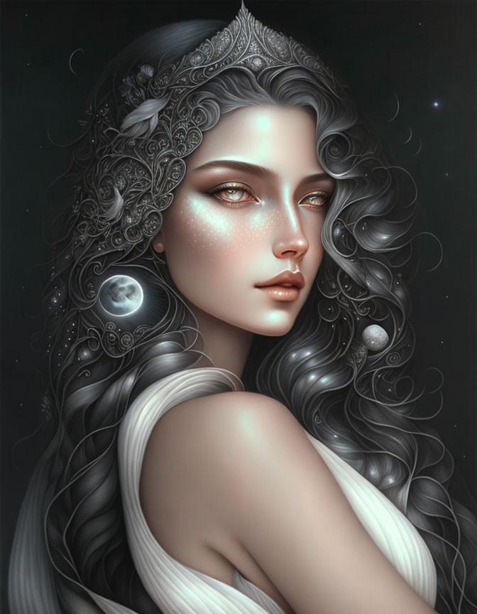 Digital artwork: Woman with pale skin, silver hair, celestial motifs, delicate tiara