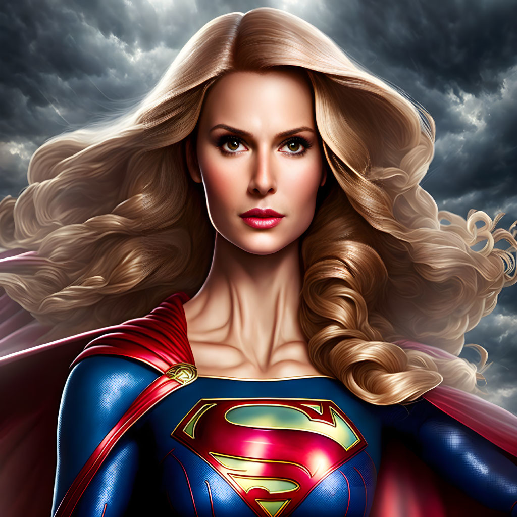 Female superhero digital artwork: flowing cape, S emblem, blonde hair, stormy sky