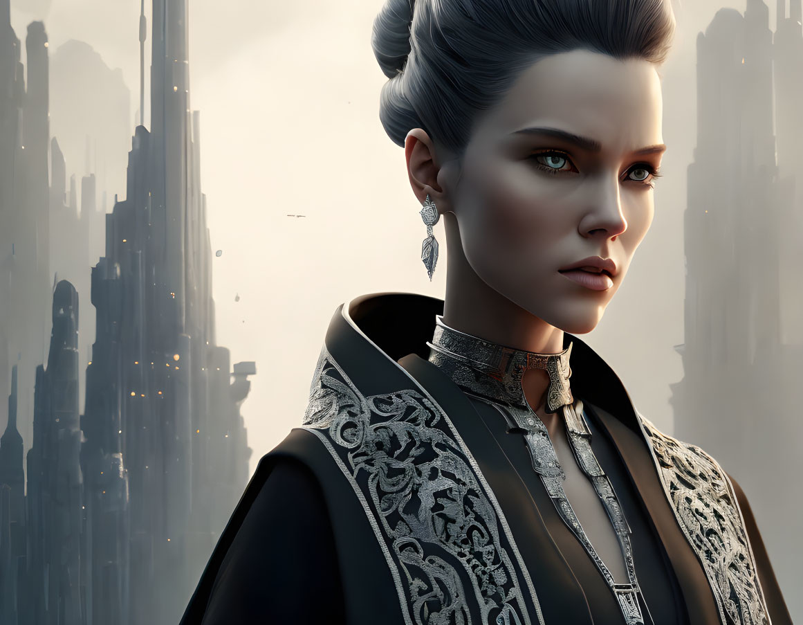 Detailed digital illustration of woman with intricate updo hairstyle in dark coat against futuristic cityscape.