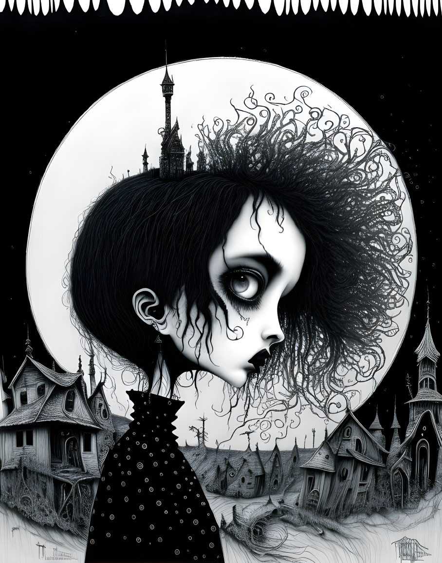 Monochrome illustration of girl with large eyes and curly hair in gothic setting