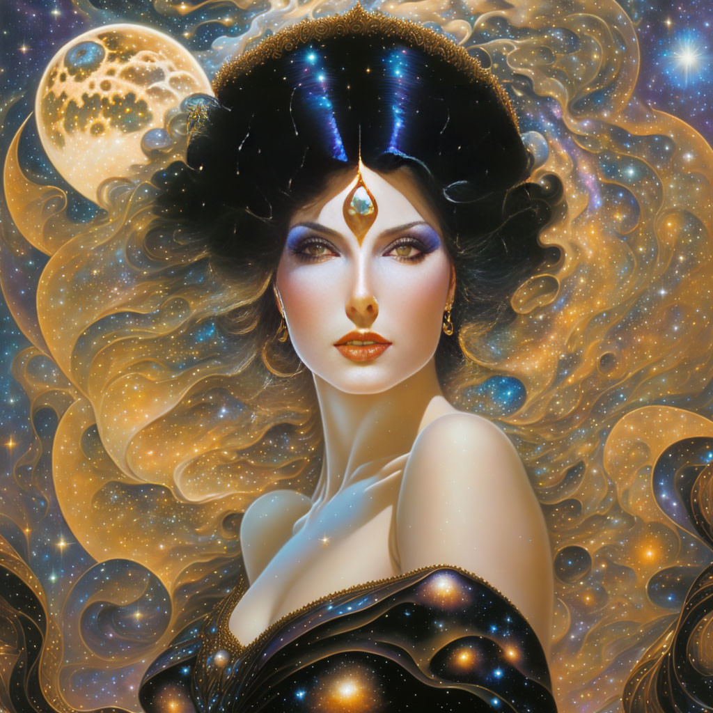 Cosmic-themed makeup woman with starry hair and full moon backdrop