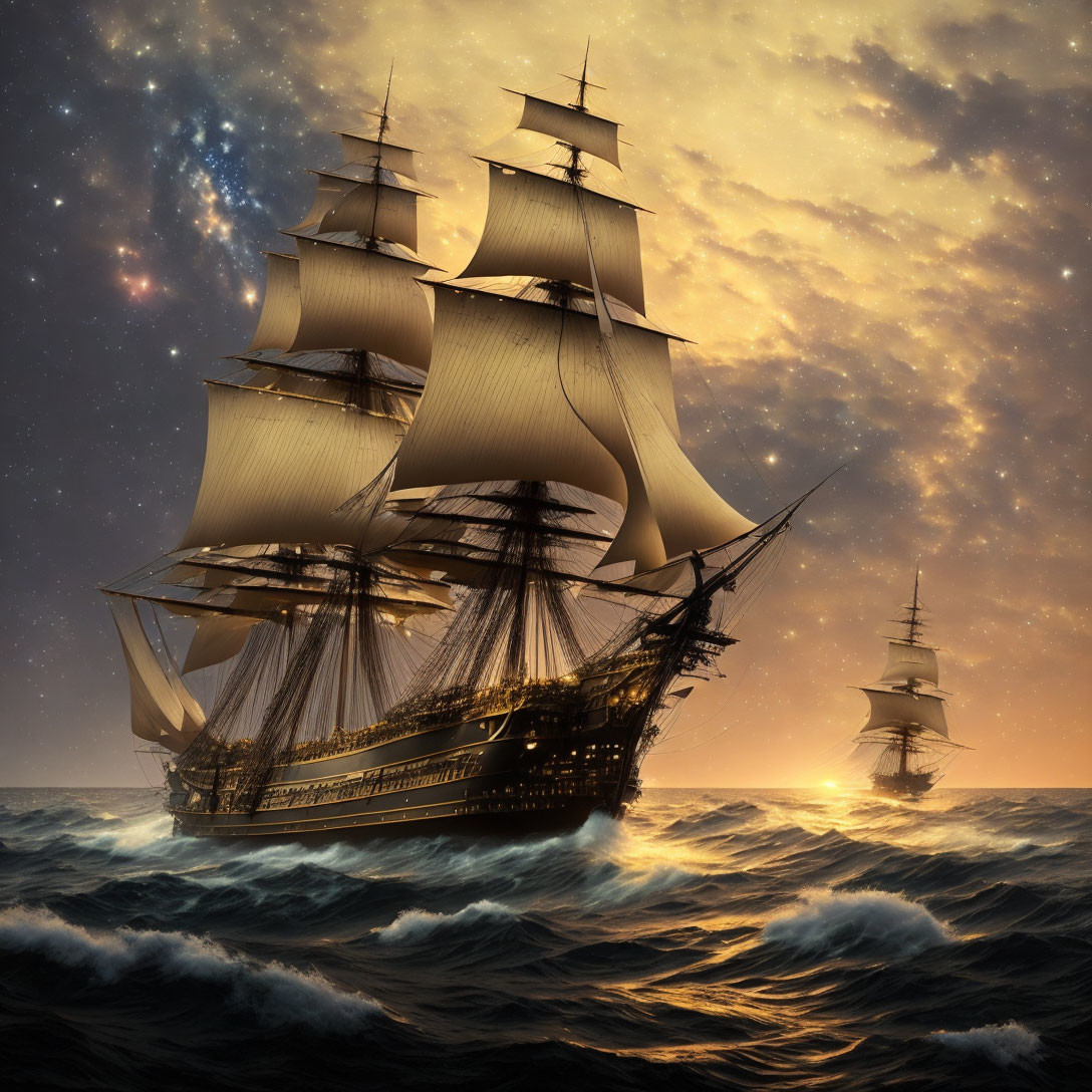 Sailing Ships on Choppy Seas at Sunset with Cloudy Golden Sky