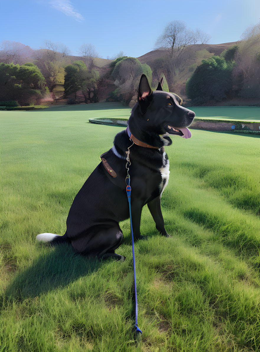 Black and Tan Dog Sitting on Grass with Collar and Leash