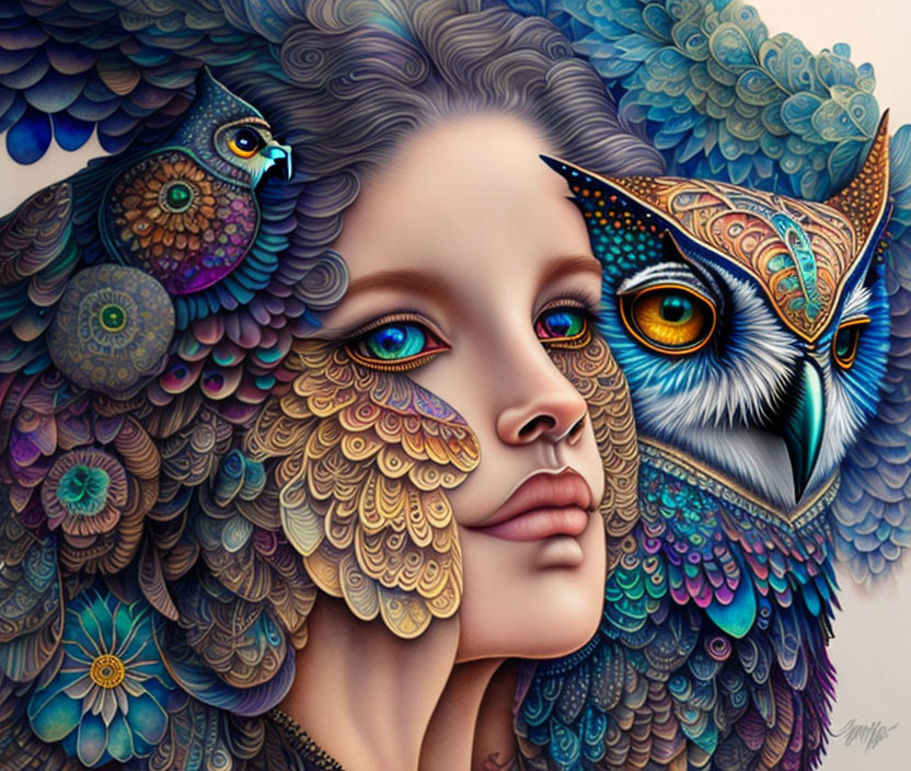 Surreal artwork of woman's face with feathers and owl