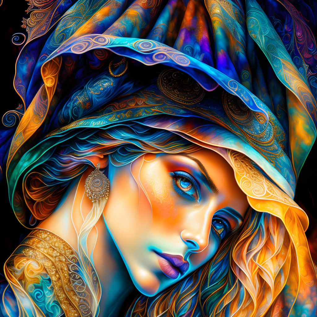 Colorful digital artwork: Woman with blue eyes in ornate turban & jewelry.