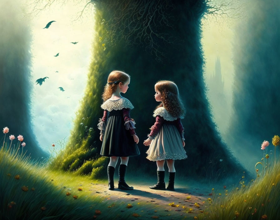 Vintage-dressed young girls in forest clearing with castle and flying birds.