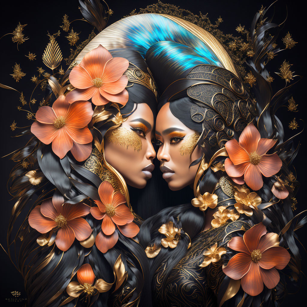 Mirrored stylized female figures with ornate gold and black headdresses on dark background