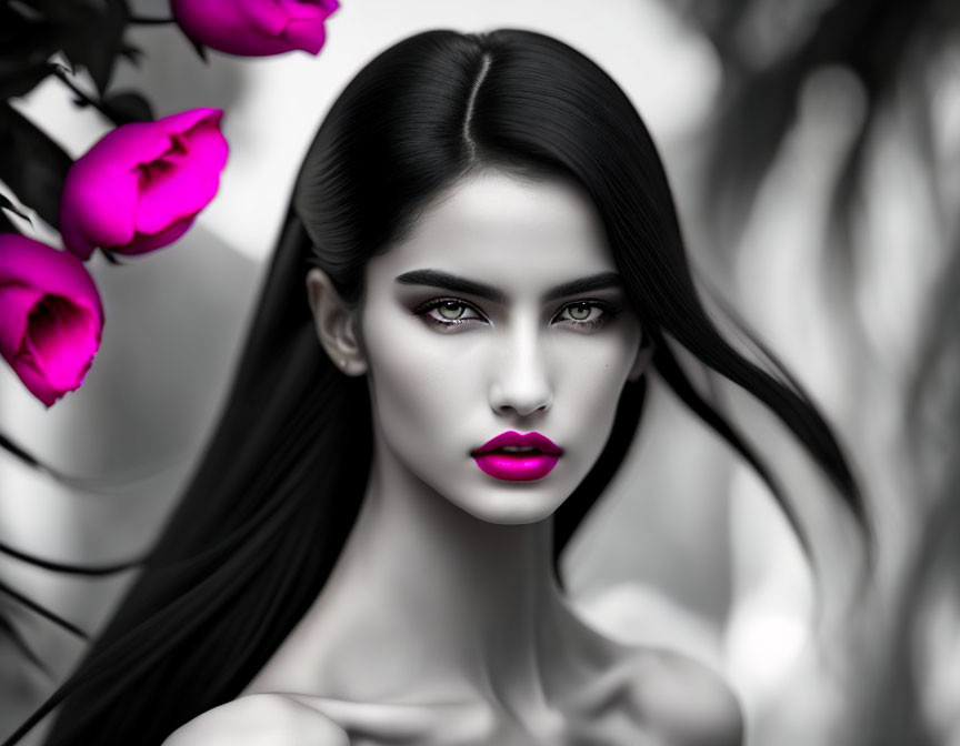 Monochrome portrait of woman with pink lips and flowers