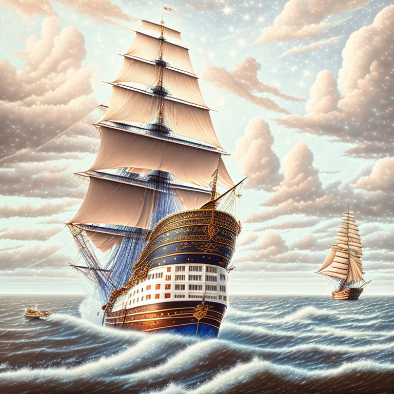 Tall ship with billowing sails on the sea with stars in the sky