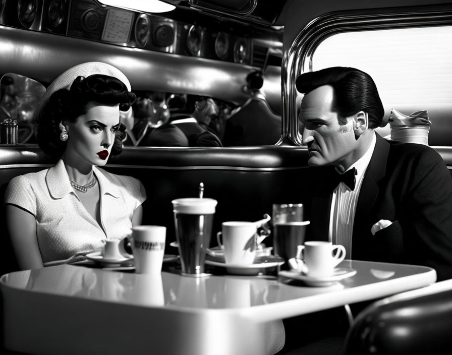 Monochrome vintage image of sophisticated couple in classic diner