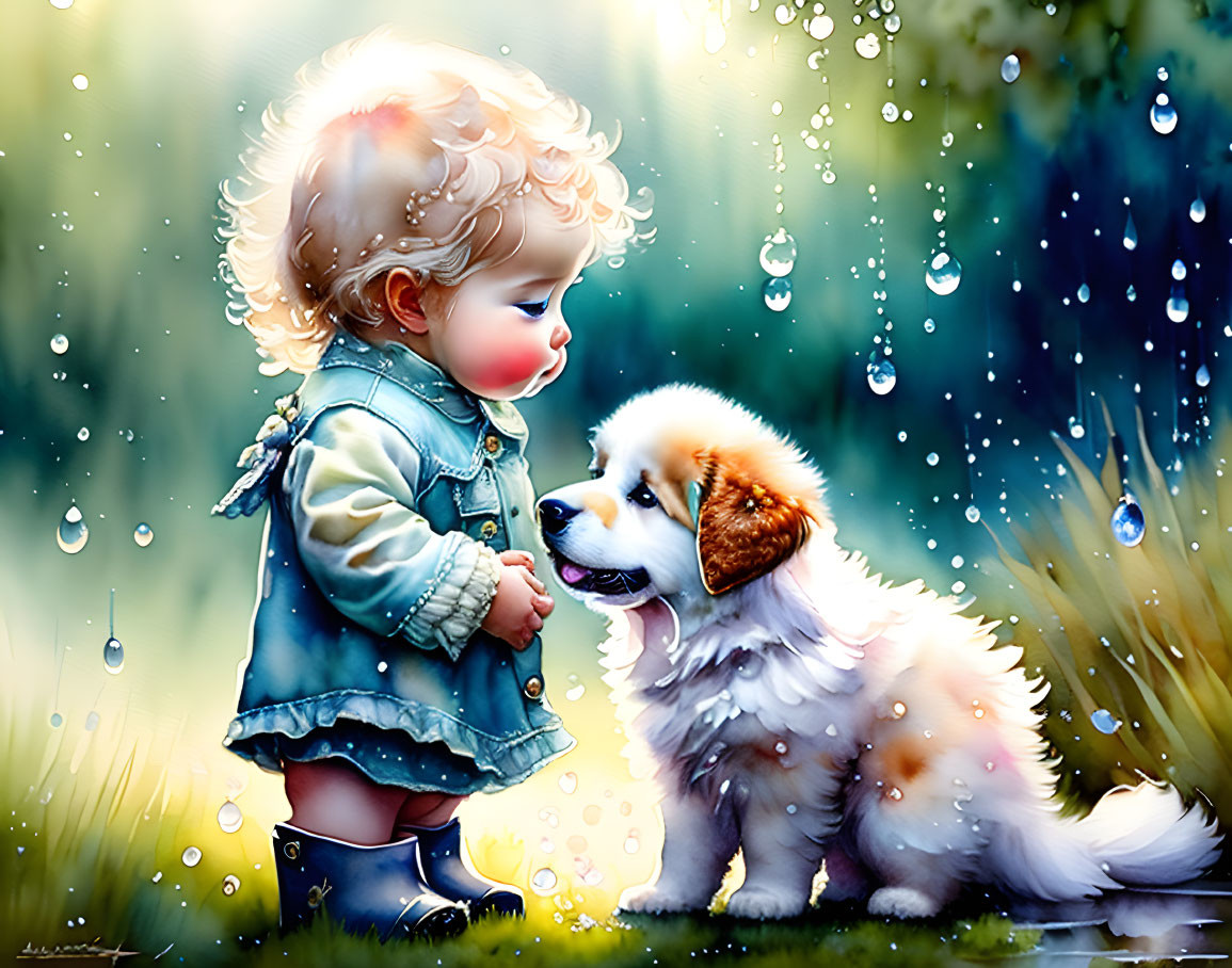 Curly-Haired Child and Puppy in Rainy Field Scene