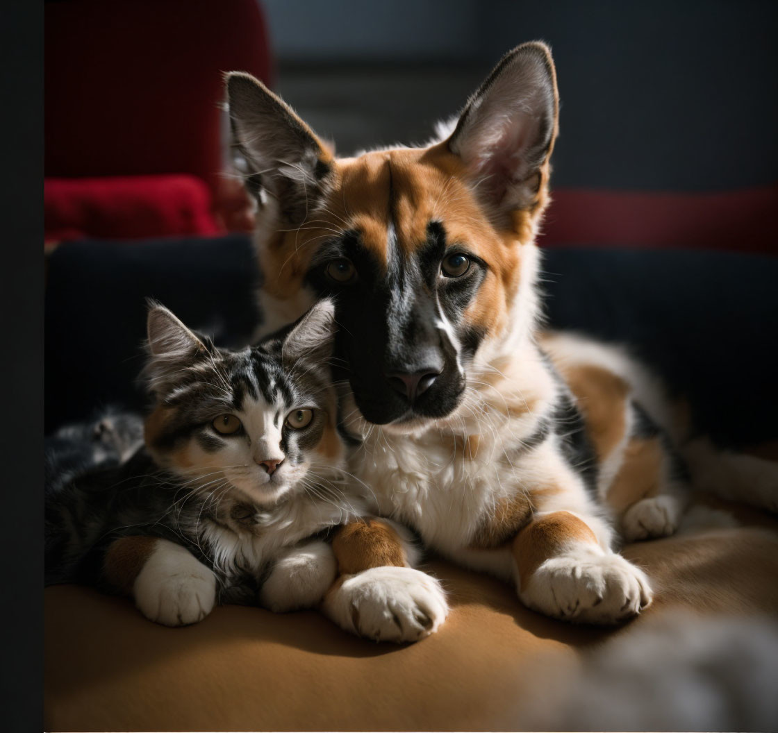 Dog and cat cuddling on couch with alert expressions