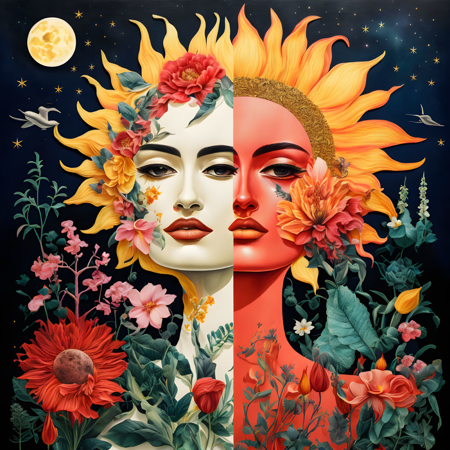 Dual-faced surreal portrait with floral and celestial motifs