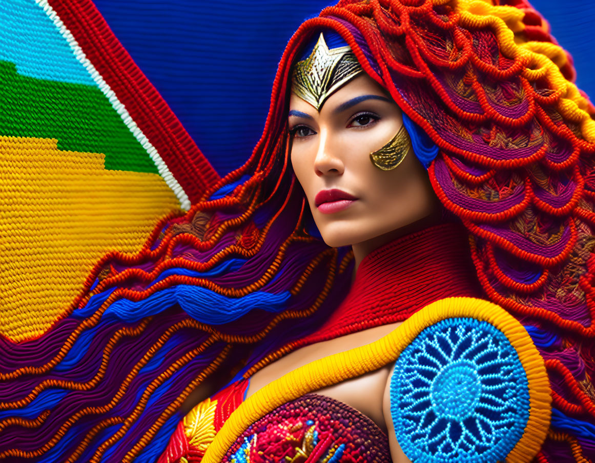 Vibrant Wonder Woman illustration with yarn-like texture and golden tiara