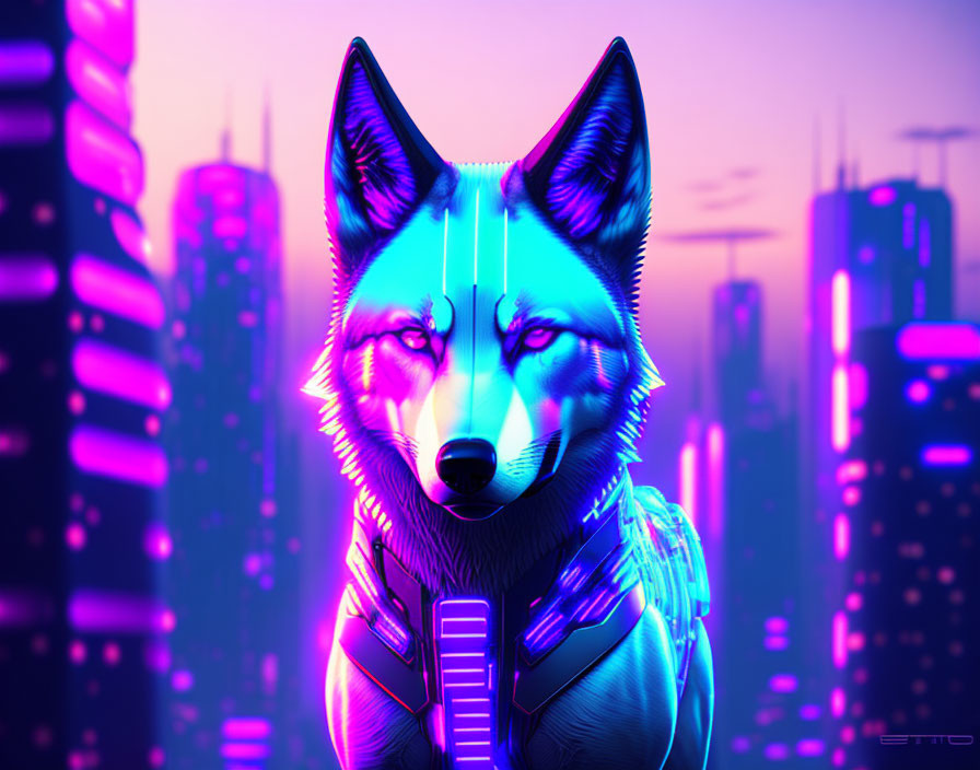 Cybernetic wolf digital art with blue and purple neon lights