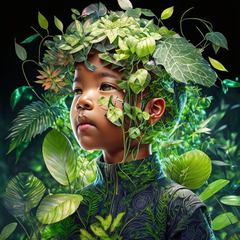 Serene child surrounded by lush green plants and living crown.