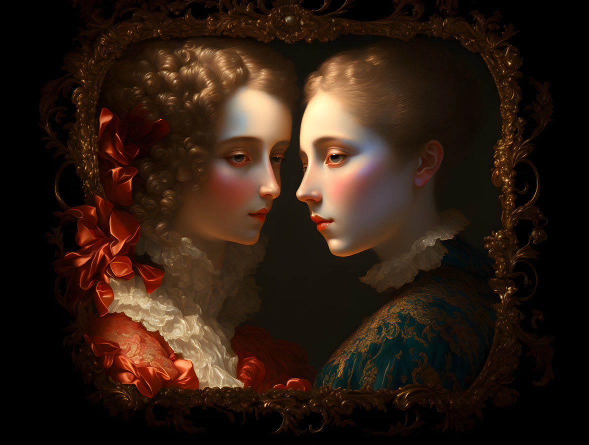 Classical portrait of two women in ornate clothing and hairstyles