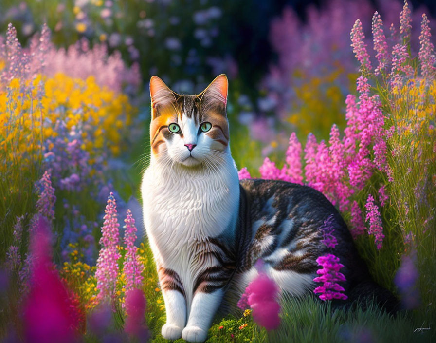 Calico Cat Surrounded by Yellow and Pink Flowers in Garden