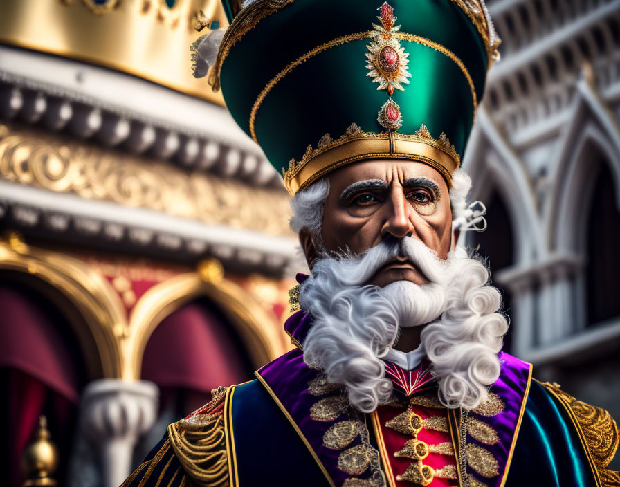 Detailed dignitary costume with green hat, white curly beard, golden epaulets, ornate