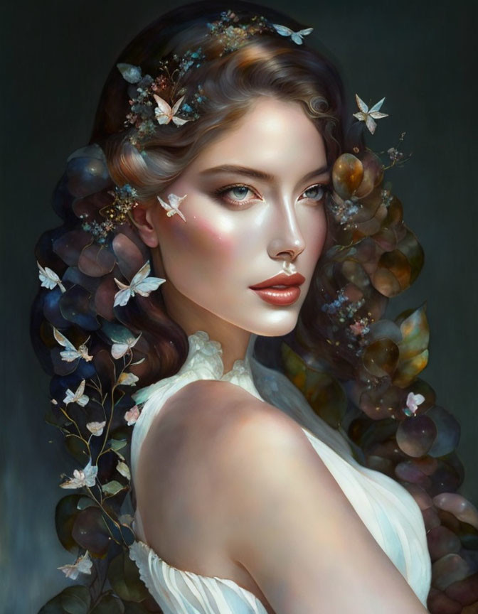 Digital painting of woman with wavy hair, adorned with flowers, leaves, and butterflies, gazing