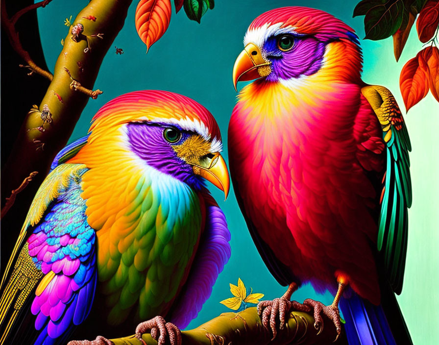 Colorful Stylized Birds Perched on Branch with Rainbow Hues