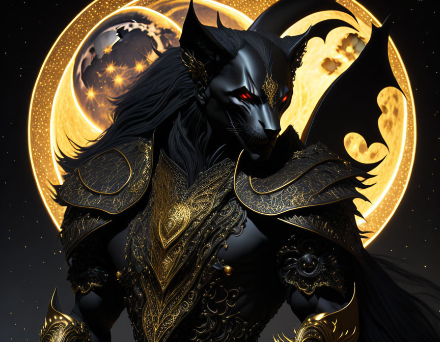 Anthropomorphic wolf in golden armor with celestial backdrop