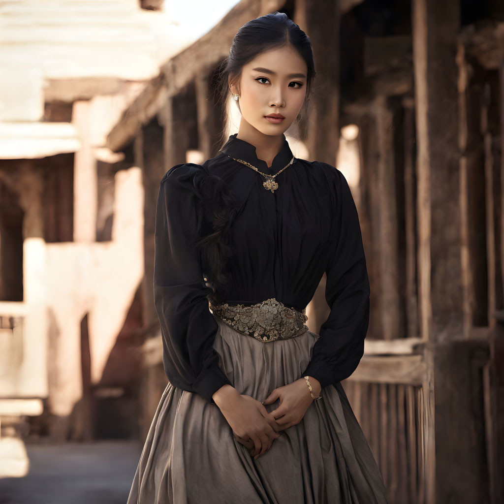 Elegant woman in vintage attire against old building backdrop