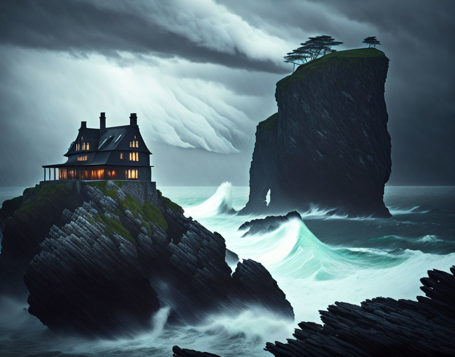 House on Rocky Coastal Cliffs Amid Storm Clouds and Crashing Waves