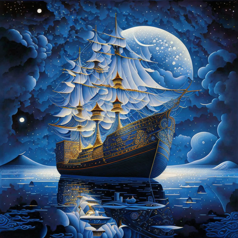 Golden sailboat sailing under full moon on nocturnal seas