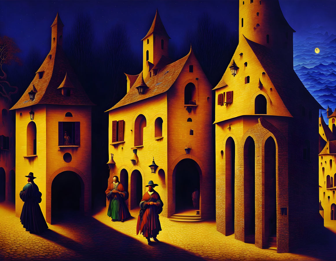 Starry night scene with stylized buildings and cloaked figures